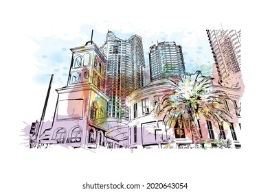 Building view with landmark of Gold Coast is the 
city in Australia. Watercolor splash with hand drawn sketch illustration in vector.