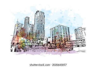 Building view with landmark of Gold Coast is the 
city in Australia. Watercolor splash with hand drawn sketch illustration in vector.