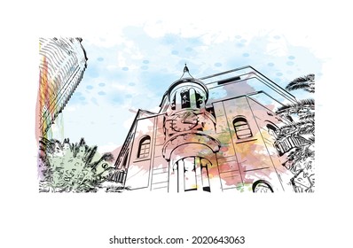 Building view with landmark of Gold Coast is the 
city in Australia. Watercolor splash with hand drawn sketch illustration in vector.