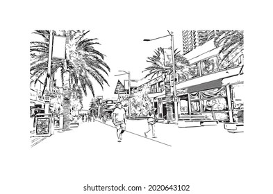 Building view with landmark of Gold Coast is the 
city in Australia. Hand drawn sketch illustration in vector.
