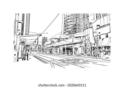 Building view with landmark of Gold Coast is the 
city in Australia. Hand drawn sketch illustration in vector.