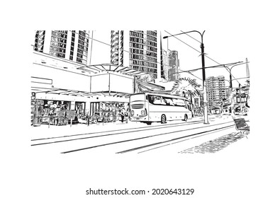 La vista de edificio con el punto de referencia de la Costa de Oro es la 
ciudad de Australia. Dibujo a mano de ilustración de esbozo en vector.