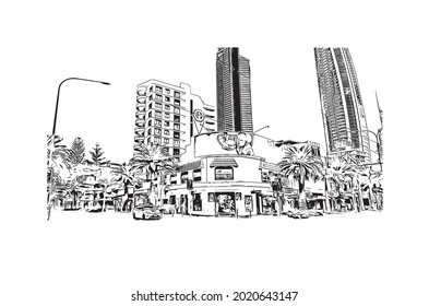 La vista de edificio con el punto de referencia de la Costa de Oro es la 
ciudad de Australia. Dibujo a mano de ilustración de esbozo en vector.