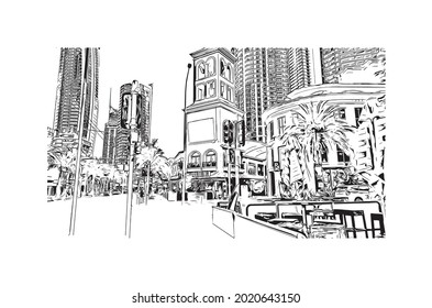 Building view with landmark of Gold Coast is the 
city in Australia. Hand drawn sketch illustration in vector.