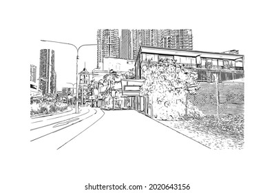 Building view with landmark of Gold Coast is the 
city in Australia. Hand drawn sketch illustration in vector.