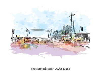 Building view with landmark of Gold Coast is the 
city in Australia. Watercolor splash with hand drawn sketch illustration in vector.