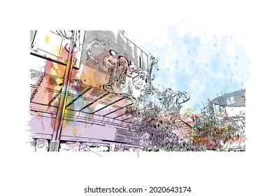 La vista de edificio con el punto de referencia de la Costa de Oro es la 
ciudad de Australia. Salto de color de agua con ilustración de esbozo dibujada a mano en vector.