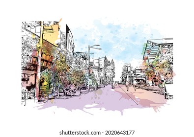 Die Aussicht auf das Gebäude mit Wahrzeichen der Goldküste ist die 
Stadt in Australien. Aquarellspritzer mit handgezeichneter Skizzengrafik in Vektorgrafik.
