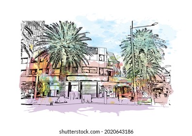 Building view with landmark of Gold Coast is the 
city in Australia. Watercolor splash with hand drawn sketch illustration in vector.
