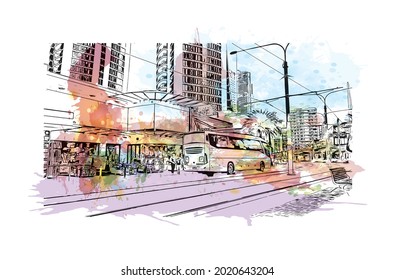 Building view with landmark of Gold Coast is the 
city in Australia. Watercolor splash with hand drawn sketch illustration in vector.