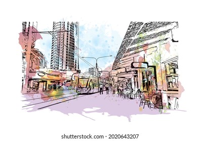 Building view with landmark of Gold Coast is the 
city in Australia. Watercolor splash with hand drawn sketch illustration in vector.