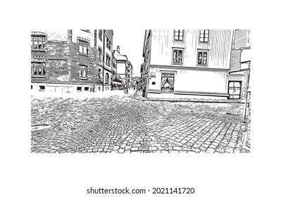 Building view with landmark of Gothenburg is the 
city in Sweden. Hand drawn sketch illustration in vector.