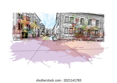 Building view with landmark of Gothenburg is the 
city in Sweden. Watercolor splash with hand drawn sketch illustration in vector.