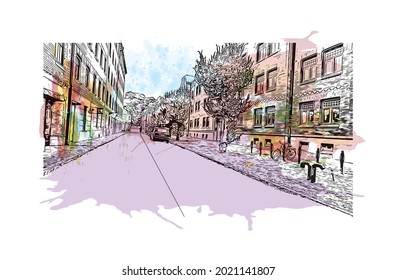 Building view with landmark of Gothenburg is the 
city in Sweden. Watercolor splash with hand drawn sketch illustration in vector.