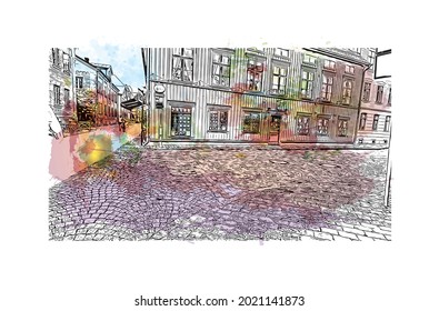 Building view with landmark of Gothenburg is the 
city in Sweden. Watercolor splash with hand drawn sketch illustration in vector.
