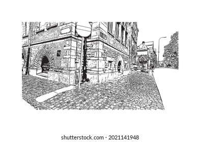 Building view with landmark of Gothenburg is the 
city in Sweden. Hand drawn sketch illustration in vector.