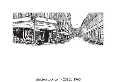 Building view with landmark of Gothenburg is the 
city in Sweden. Hand drawn sketch illustration in vector.