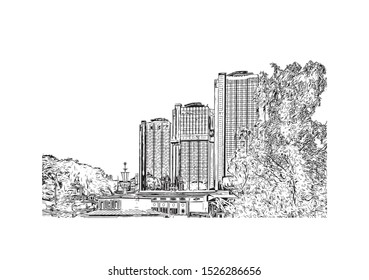 Building view with landmark of Gothenburg, a major city in Sweden. Hand drawn sketch illustration in vector.