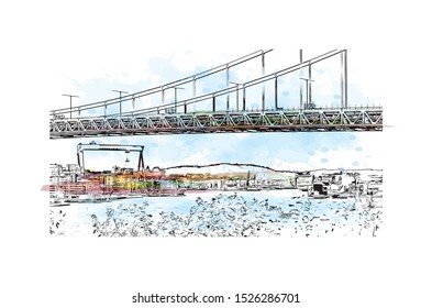 Building view with landmark of Gothenburg, a major city in Sweden. Watercolor splash with Hand drawn sketch illustration in vector.