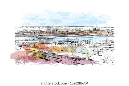Building view with landmark of Gothenburg, a major city in Sweden. Watercolor splash with Hand drawn sketch illustration in vector.