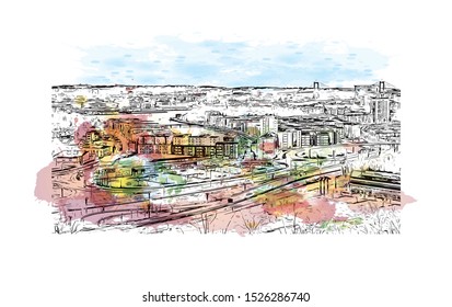 Building view with landmark of Gothenburg, a major city in Sweden. Watercolor splash with Hand drawn sketch illustration in vector.