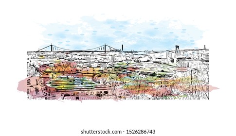 Building view with landmark of Gothenburg, a major city in Sweden. Watercolor splash with Hand drawn sketch illustration in vector.