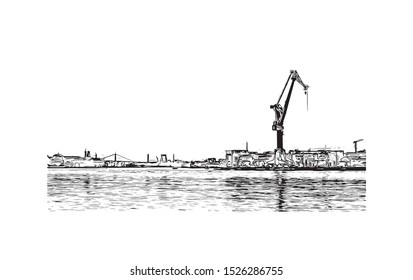 Building view with landmark of Gothenburg, a major city in Sweden. Hand drawn sketch illustration in vector.