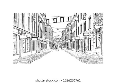 Building view with landmark of Gothenburg, a major city in Sweden. Hand drawn sketch illustration in vector.