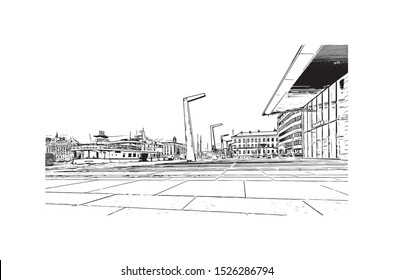 Building view with landmark of Gothenburg, a major city in Sweden. Hand drawn sketch illustration in vector.