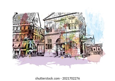 Building view with landmark of Gouda is the 
city in the Netherlands. Watercolor splash with hand drawn sketch illustration in vector.