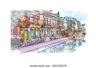 Building view with landmark of Gouda is the 
city in the Netherlands. Watercolor splash with hand drawn sketch illustration in vector.