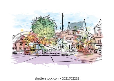 Building view with landmark of Gouda is the 
city in the Netherlands. Watercolor splash with hand drawn sketch illustration in vector.