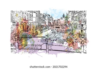 La vista de edificio con el punto de referencia de Gouda es el 
ciudad de los Países Bajos. Salto de color de agua con ilustración de esbozo dibujada a mano en vector.