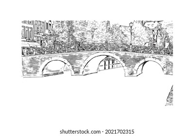 La vista de edificio con el punto de referencia de Gouda es el 
ciudad de los Países Bajos. Dibujo a mano de ilustración de esbozo en vector.