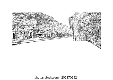 La vista de edificio con el punto de referencia de Gouda es el 
ciudad de los Países Bajos. Dibujo a mano de ilustración de esbozo en vector.