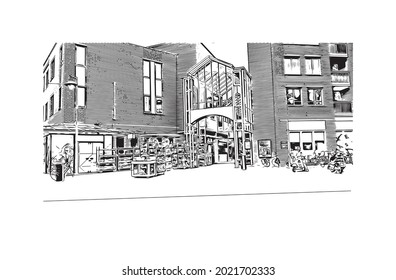 Building view with landmark of Gouda is the 
city in the Netherlands. Hand drawn sketch illustration in vector.