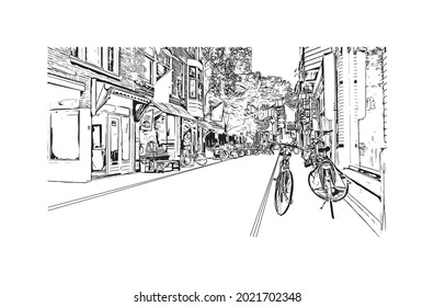 Bausicht mit Wahrzeichen von Gouda ist der 
Stadt in den Niederlanden. Handgezeichnete Skizzengrafik in Vektorgrafik.