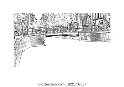 La vista de edificio con el punto de referencia de Gouda es el 
ciudad de los Países Bajos. Dibujo a mano de ilustración de esbozo en vector.