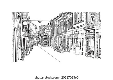 Building view with landmark of Gouda is the 
city in the Netherlands. Hand drawn sketch illustration in vector.