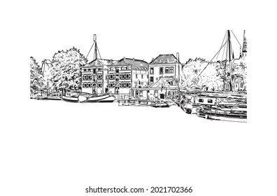 Building view with landmark of Gouda is the 
city in the Netherlands. Hand drawn sketch illustration in vector.
