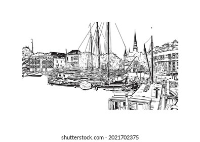 Building view with landmark of Gouda is the 
city in the Netherlands. Hand drawn sketch illustration in vector.
