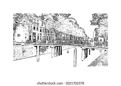 Building view with landmark of Gouda is the 
city in the Netherlands. Hand drawn sketch illustration in vector.