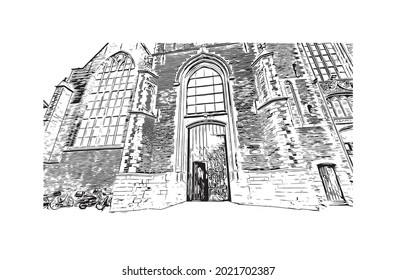 Building view with landmark of Gouda is the 
city in the Netherlands. Hand drawn sketch illustration in vector.