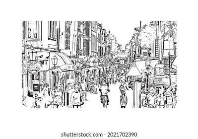 Building view with landmark of Gouda is the 
city in the Netherlands. Hand drawn sketch illustration in vector.
