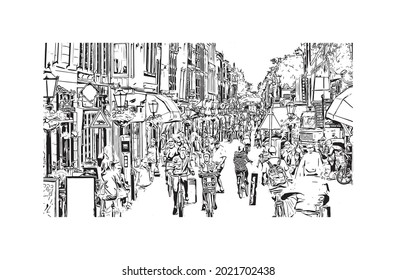 Building view with landmark of Gouda is the 
city in the Netherlands. Hand drawn sketch illustration in vector.