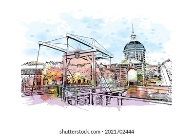 Building view with landmark of Gouda is the 
city in the Netherlands. Watercolor splash with hand drawn sketch illustration in vector.