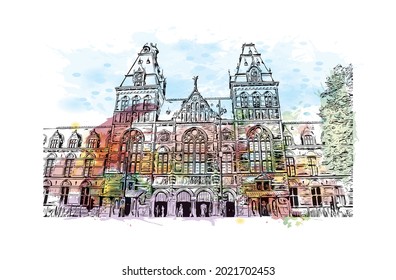 Building view with landmark of Gouda is the 
city in the Netherlands. Watercolor splash with hand drawn sketch illustration in vector.