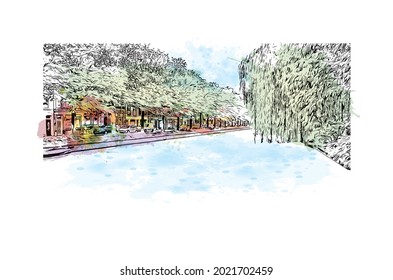 La vista de edificio con el punto de referencia de Gouda es el 
ciudad de los Países Bajos. Salto de color de agua con ilustración de esbozo dibujada a mano en vector.