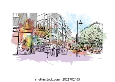 Building view with landmark of Gouda is the 
city in the Netherlands. Watercolor splash with hand drawn sketch illustration in vector.