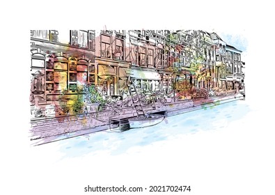 Building view with landmark of Gouda is the 
city in the Netherlands. Watercolor splash with hand drawn sketch illustration in vector.